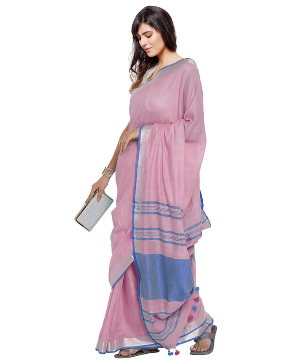 Fairy_Tale_Pink-Cyan_women's_Bhagalpuri_Handloom_Cotton_Linen_Blend_Contrast_Pallu_Saree_And_Unstitched_Contrast_Blouse_Piece