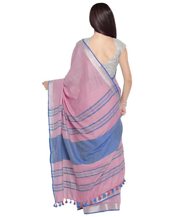 Fairy_Tale_Pink-Cyan_women's_Bhagalpuri_Handloom_Cotton_Linen_Blend_Contrast_Pallu_Saree_And_Unstitched_Contrast_Blouse_Piece