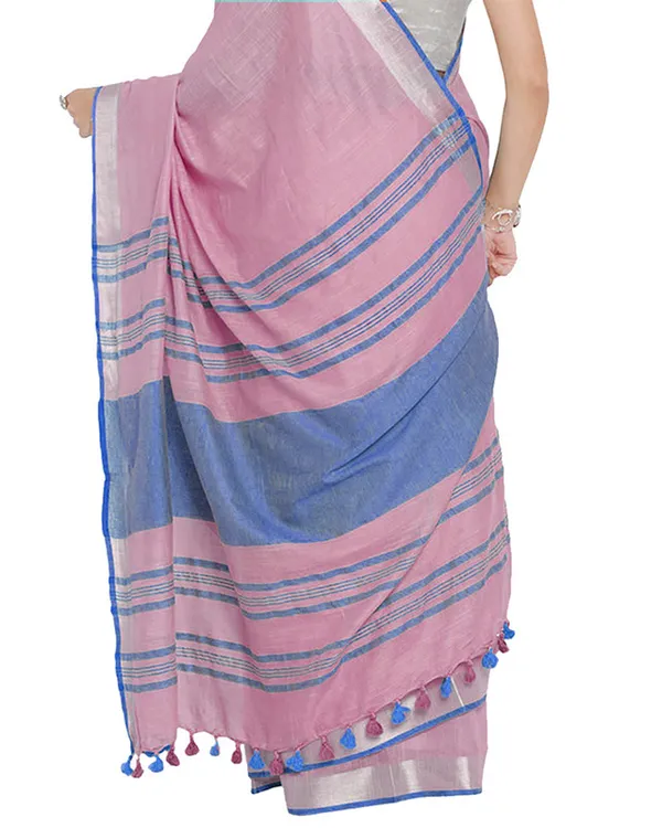 Fairy_Tale_Pink-Cyan_women's_Bhagalpuri_Handloom_Cotton_Linen_Blend_Contrast_Pallu_Saree_And_Unstitched_Contrast_Blouse_Piece