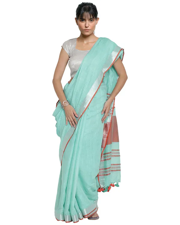 Bhagalpuri_Handloom_Cotton_Linen_Blend_Contrast_Pallu_Saree_And_Unstitched_Contrast_Blouse_Piece
