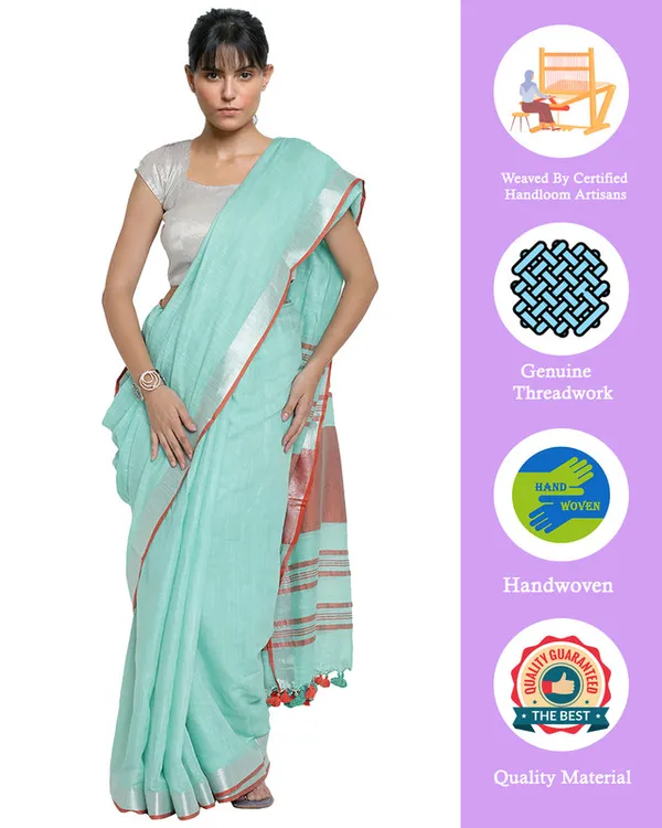 Bhagalpuri_Handloom_Cotton_Linen_Blend_Contrast_Pallu_Saree_And_Unstitched_Contrast_Blouse_Piece