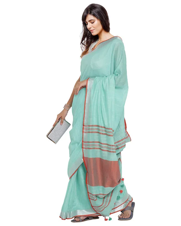 Bhagalpuri_Handloom_Cotton_Linen_Blend_Contrast_Pallu_Saree_And_Unstitched_Contrast_Blouse_Piece