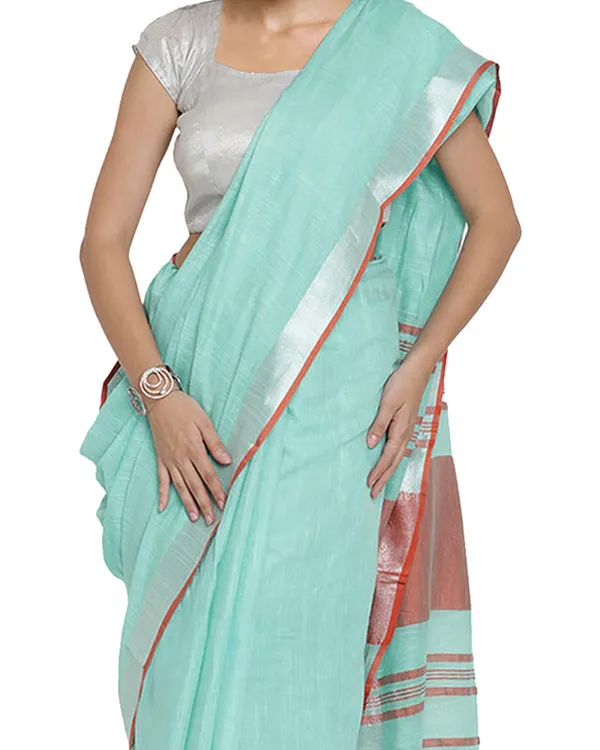 Bhagalpuri_Handloom_Cotton_Linen_Blend_Contrast_Pallu_Saree_And_Unstitched_Contrast_Blouse_Piece