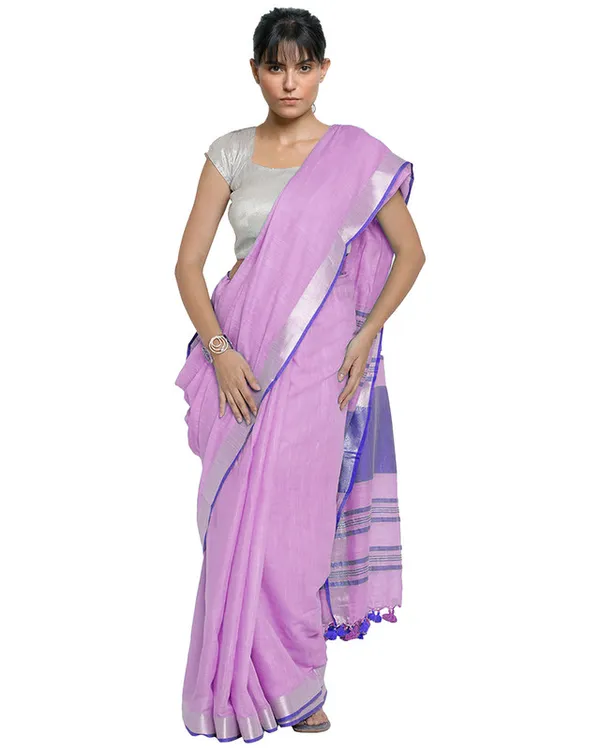 Lavender_Pink-Blue_women's_Bhagalpuri_Handloom_Cotton_Linen_Blend_Contrast_Pallu_Saree_And_Unstitched_Contrast_Blouse_Piece