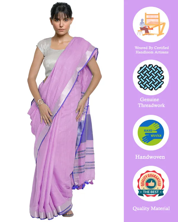 Lavender_Pink-Blue_women's_Bhagalpuri_Handloom_Cotton_Linen_Blend_Contrast_Pallu_Saree_And_Unstitched_Contrast_Blouse_Piece