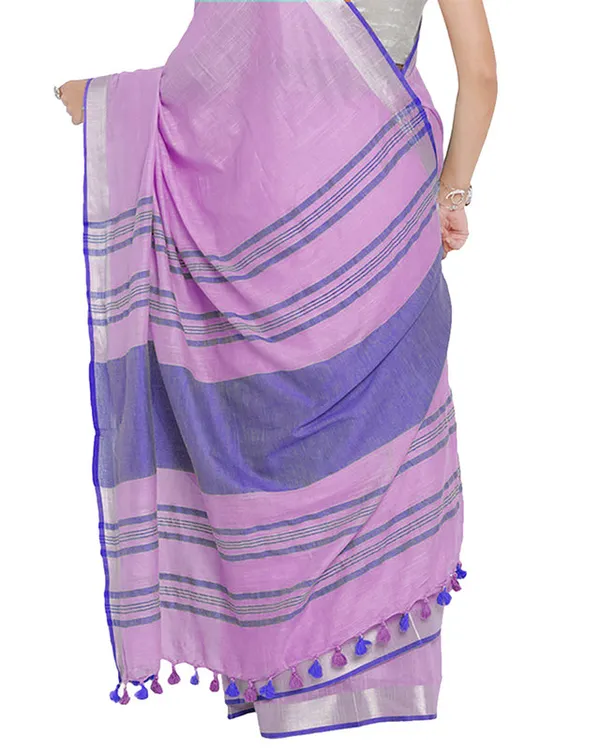 Lavender_Pink-Blue_women's_Bhagalpuri_Handloom_Cotton_Linen_Blend_Contrast_Pallu_Saree_And_Unstitched_Contrast_Blouse_Piece