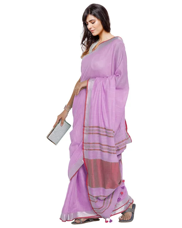 Lavender_Pink-Pink_women's_Bhagalpuri_Handloom_Cotton_Linen_Blend_Contrast_Pallu_Saree_And_Unstitched_Contrast_Blouse_Piece