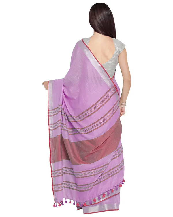 Lavender_Pink-Pink_women's_Bhagalpuri_Handloom_Cotton_Linen_Blend_Contrast_Pallu_Saree_And_Unstitched_Contrast_Blouse_Piece