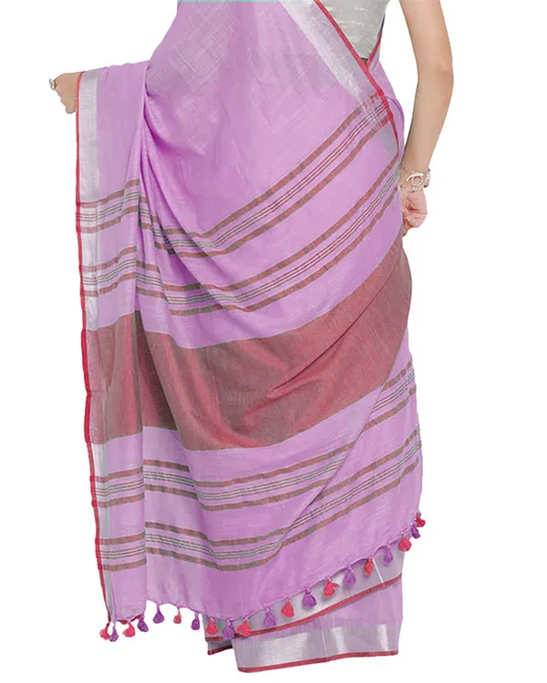 Lavender_Pink-Pink_women's_Bhagalpuri_Handloom_Cotton_Linen_Blend_Contrast_Pallu_Saree_And_Unstitched_Contrast_Blouse_Piece