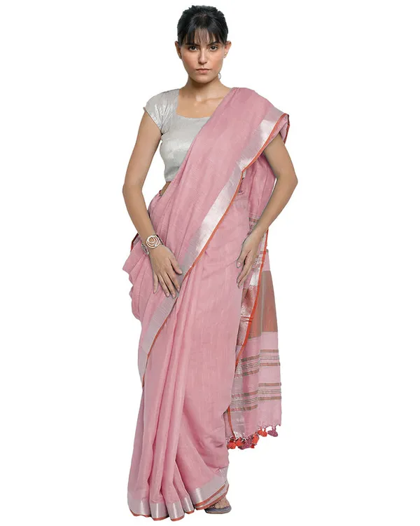Orchid_Pink-Red_women's_Bhagalpuri_Handloom_Cotton_Linen_Blend_Contrast_Pallu_Saree_And_Unstitched_Contrast_Blouse_Piece