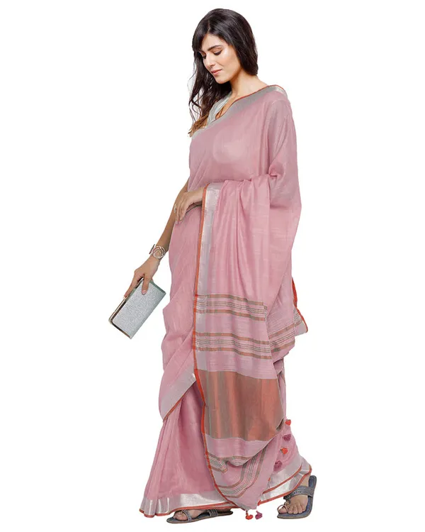Orchid_Pink-Red_women's_Bhagalpuri_Handloom_Cotton_Linen_Blend_Contrast_Pallu_Saree_And_Unstitched_Contrast_Blouse_Piece