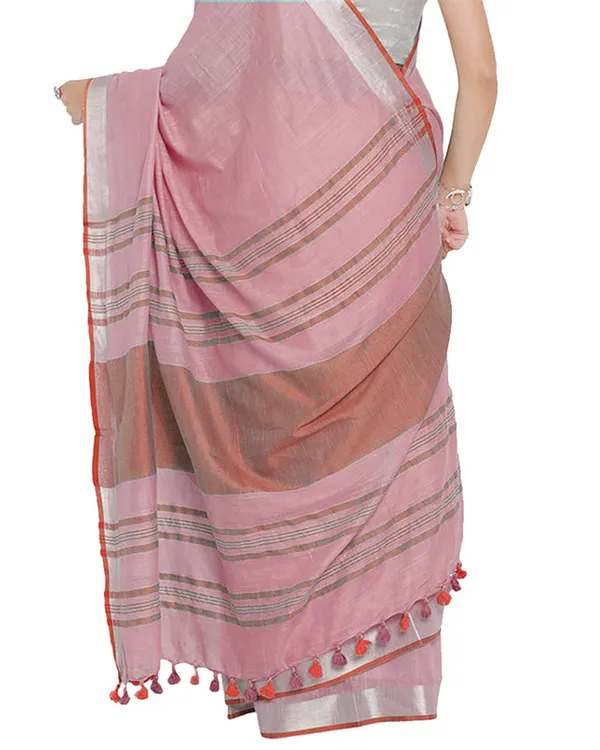 Orchid_Pink-Red_women's_Bhagalpuri_Handloom_Cotton_Linen_Blend_Contrast_Pallu_Saree_And_Unstitched_Contrast_Blouse_Piece