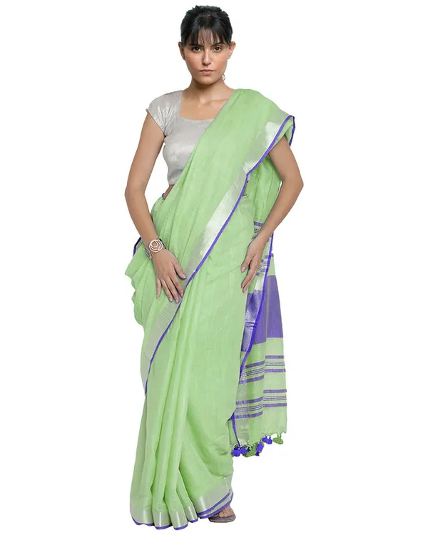 Light_Green-Blue_women's_Bhagalpuri_Handloom_Cotton_Linen_Blend_Contrast_Pallu_Saree_And_Unstitched_Contrast_Blouse_Piece