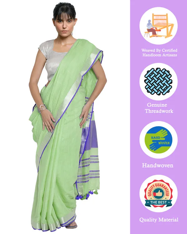 Light_Green-Blue_women's_Bhagalpuri_Handloom_Cotton_Linen_Blend_Contrast_Pallu_Saree_And_Unstitched_Contrast_Blouse_Piece