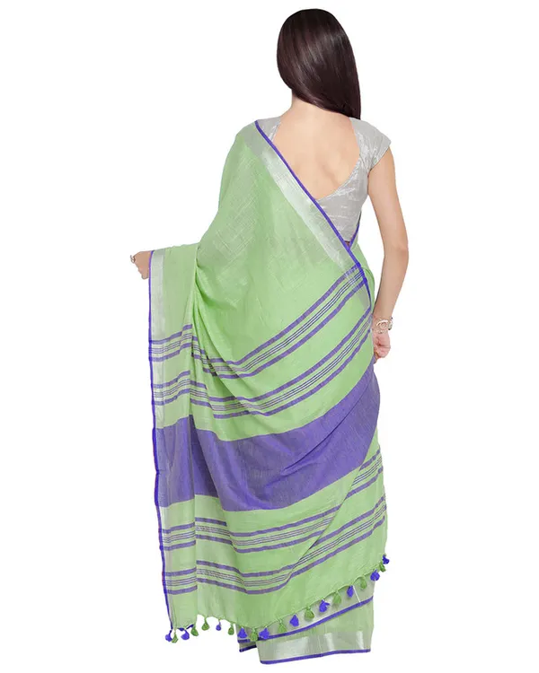 Light_Green-Blue_women's_Bhagalpuri_Handloom_Cotton_Linen_Blend_Contrast_Pallu_Saree_And_Unstitched_Contrast_Blouse_Piece