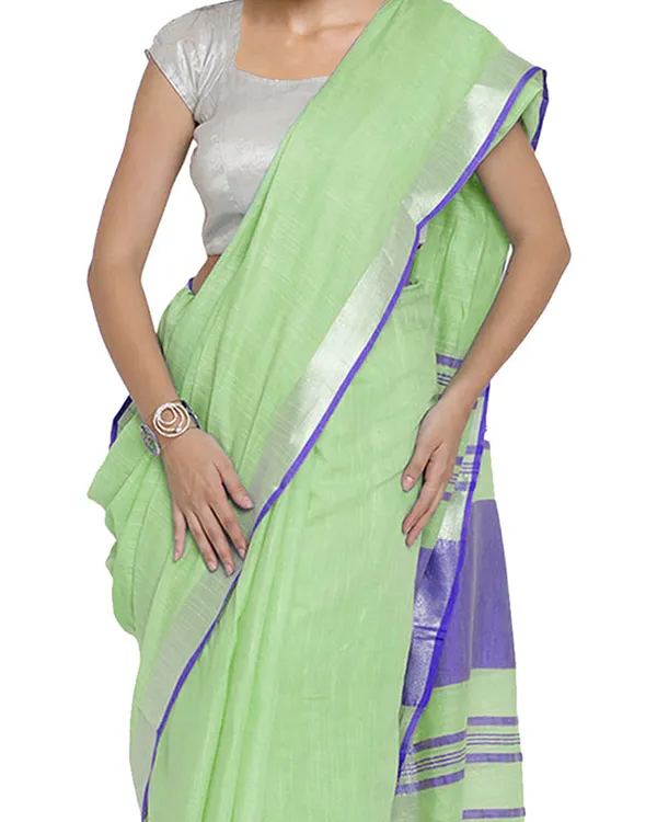 Light_Green-Blue_women's_Bhagalpuri_Handloom_Cotton_Linen_Blend_Contrast_Pallu_Saree_And_Unstitched_Contrast_Blouse_Piece
