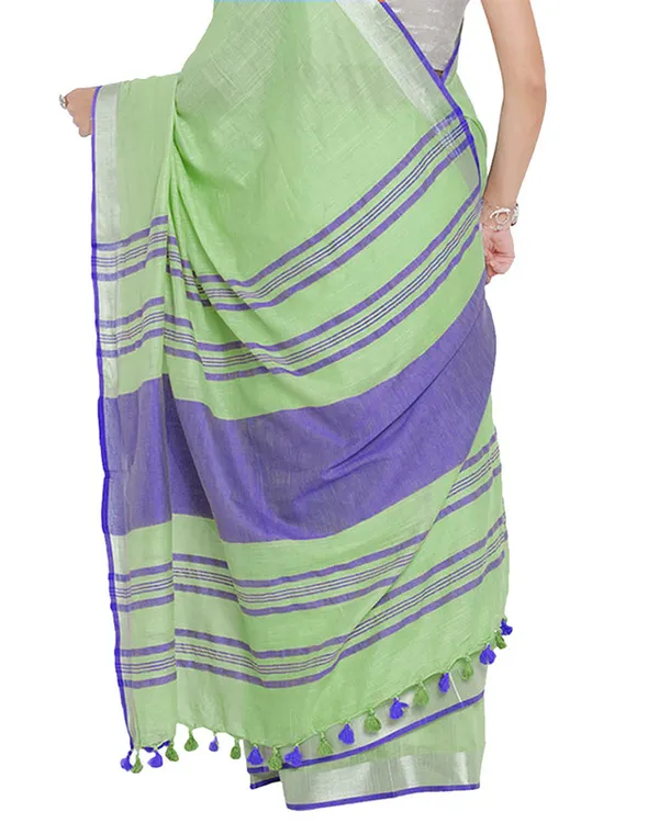Light_Green-Blue_women's_Bhagalpuri_Handloom_Cotton_Linen_Blend_Contrast_Pallu_Saree_And_Unstitched_Contrast_Blouse_Piece