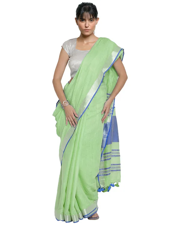 Bhagalpuri_Handloom_Cotton_Linen_Blend_Contrast_Pallu_Saree_And_Unstitched_Contrast_Blouse_Piece