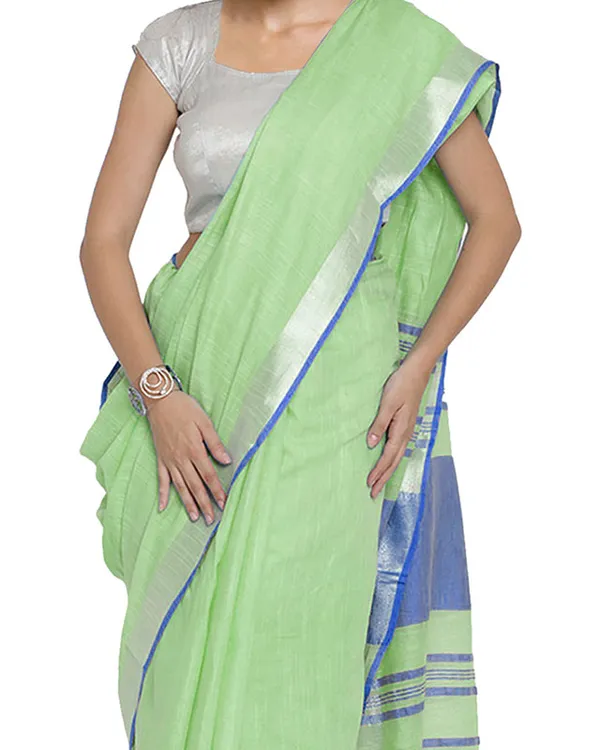 Bhagalpuri_Handloom_Cotton_Linen_Blend_Contrast_Pallu_Saree_And_Unstitched_Contrast_Blouse_Piece