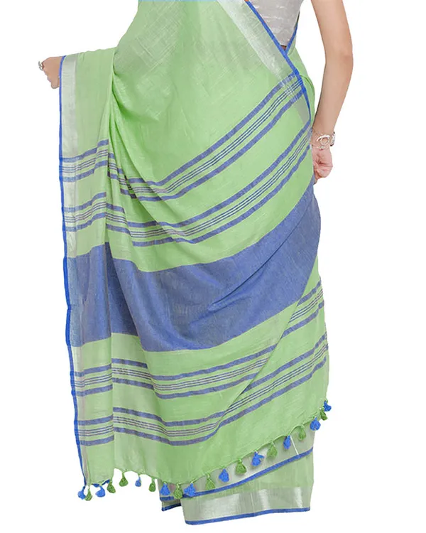 Bhagalpuri_Handloom_Cotton_Linen_Blend_Contrast_Pallu_Saree_And_Unstitched_Contrast_Blouse_Piece