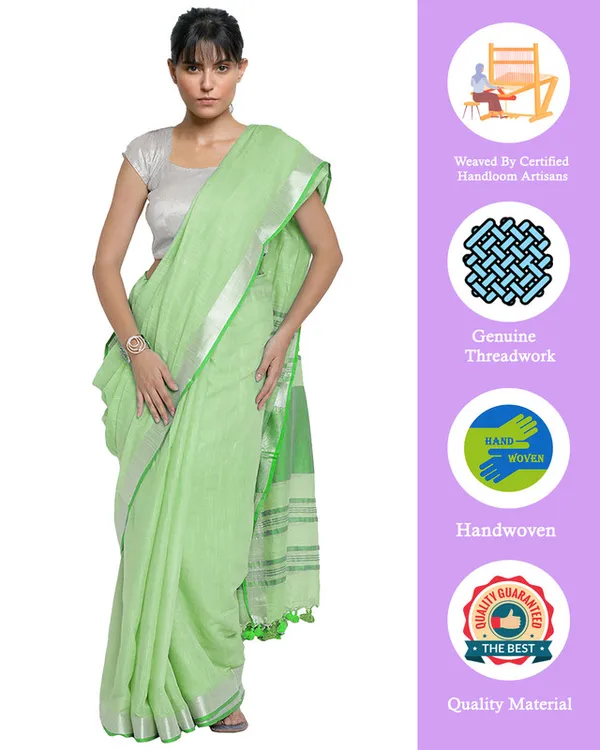 Light_Green-Green_women's_Bhagalpuri_Handloom_Cotton_Linen_Blend_Contrast_Pallu_Saree_And_Unstitched_Contrast_Blouse_Piece