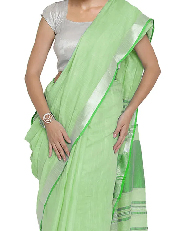 Light_Green-Green_women's_Bhagalpuri_Handloom_Cotton_Linen_Blend_Contrast_Pallu_Saree_And_Unstitched_Contrast_Blouse_Piece