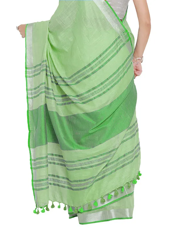 Light_Green-Green_women's_Bhagalpuri_Handloom_Cotton_Linen_Blend_Contrast_Pallu_Saree_And_Unstitched_Contrast_Blouse_Piece