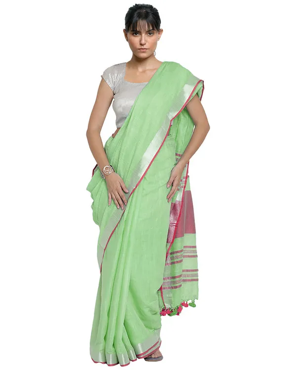 Light_Green-Pink_women's_Bhagalpuri_Handloom_Cotton_Linen_Blend_Contrast_Pallu_Saree_And_Unstitched_Contrast_Blouse_Piece