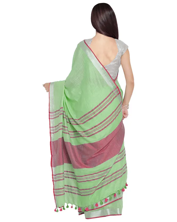 Light_Green-Pink_women's_Bhagalpuri_Handloom_Cotton_Linen_Blend_Contrast_Pallu_Saree_And_Unstitched_Contrast_Blouse_Piece