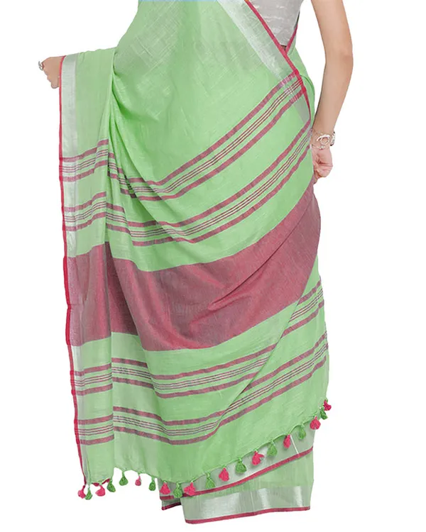 Light_Green-Pink_women's_Bhagalpuri_Handloom_Cotton_Linen_Blend_Contrast_Pallu_Saree_And_Unstitched_Contrast_Blouse_Piece