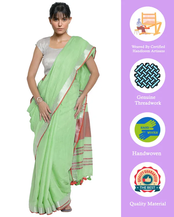Light_Green-Red_women's_Bhagalpuri_Handloom_Cotton_Linen_Blend_Contrast_Pallu_Saree_And_Unstitched_Contrast_Blouse_Piece
