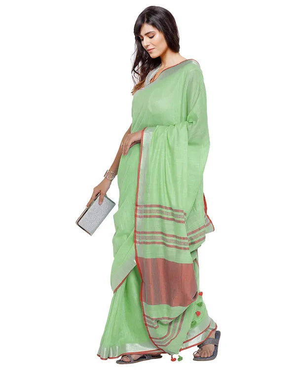 Light_Green-Red_women's_Bhagalpuri_Handloom_Cotton_Linen_Blend_Contrast_Pallu_Saree_And_Unstitched_Contrast_Blouse_Piece