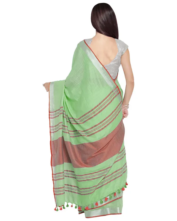 Light_Green-Red_women's_Bhagalpuri_Handloom_Cotton_Linen_Blend_Contrast_Pallu_Saree_And_Unstitched_Contrast_Blouse_Piece