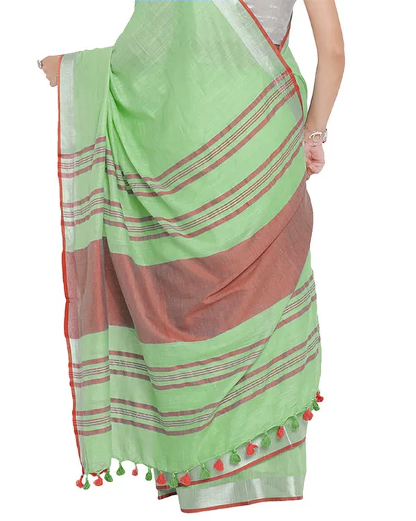Light_Green-Red_women's_Bhagalpuri_Handloom_Cotton_Linen_Blend_Contrast_Pallu_Saree_And_Unstitched_Contrast_Blouse_Piece