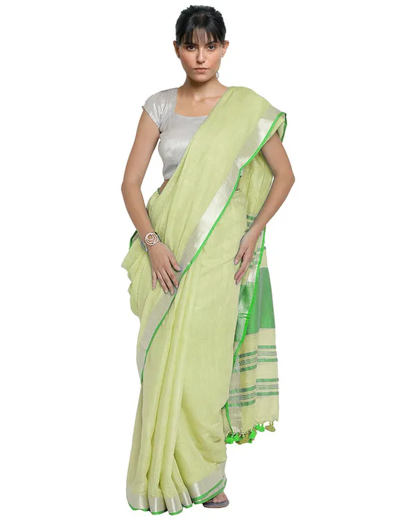 Mindaro_Green-Green_women's_Bhagalpuri_Handloom_Cotton_Linen_Blend_Contrast_Pallu_Saree_And_Unstitched_Contrast_Blouse_Piece