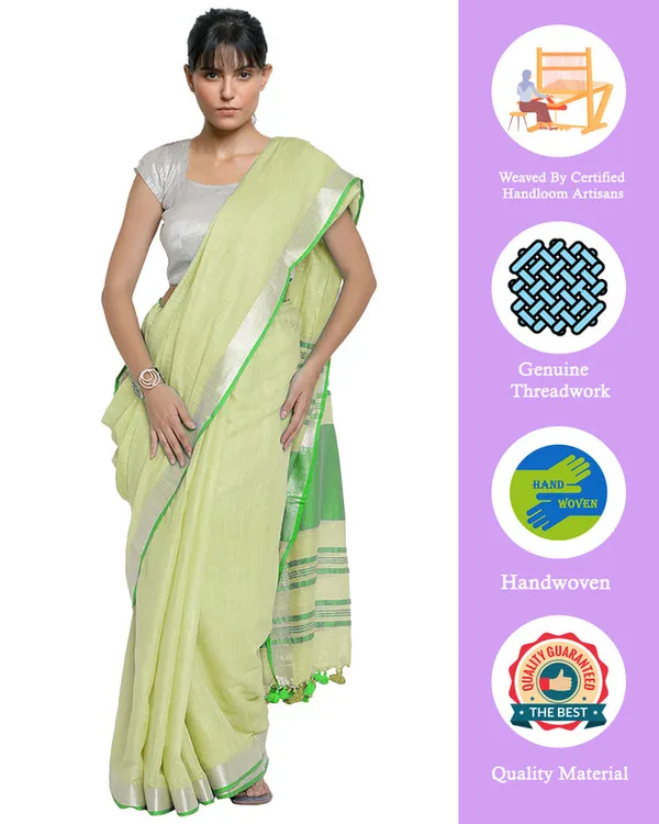 Mindaro_Green-Green_women's_Bhagalpuri_Handloom_Cotton_Linen_Blend_Contrast_Pallu_Saree_And_Unstitched_Contrast_Blouse_Piece