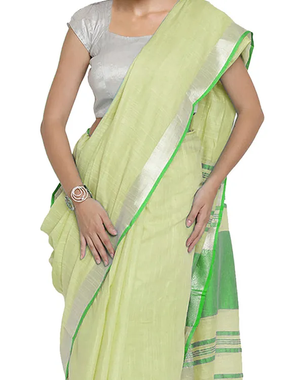 Mindaro_Green-Green_women's_Bhagalpuri_Handloom_Cotton_Linen_Blend_Contrast_Pallu_Saree_And_Unstitched_Contrast_Blouse_Piece