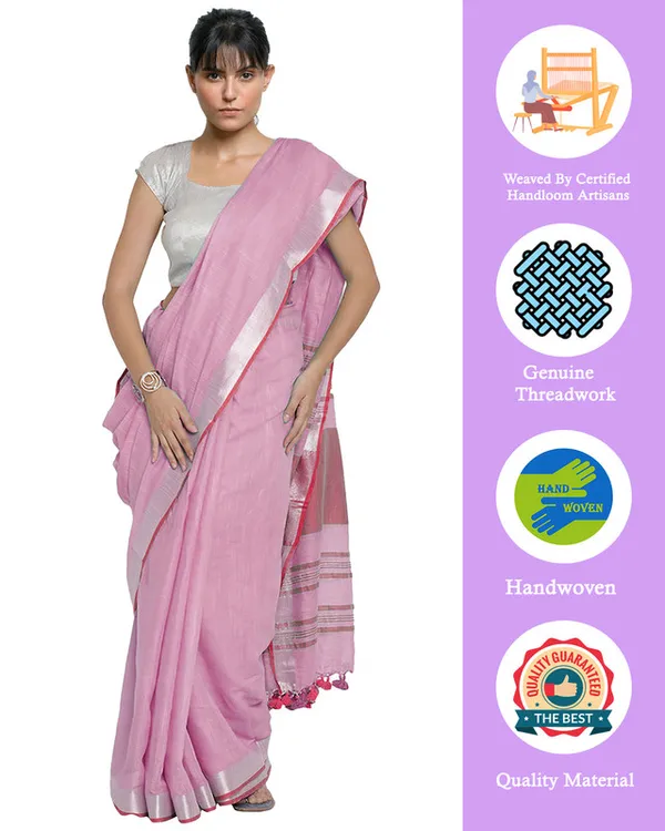 Carnation_Pink-Pink_women's_Bhagalpuri_Handloom_Cotton_Linen_Blend_Contrast_Pallu_Saree_And_Unstitched_Contrast_Blouse_Piece
