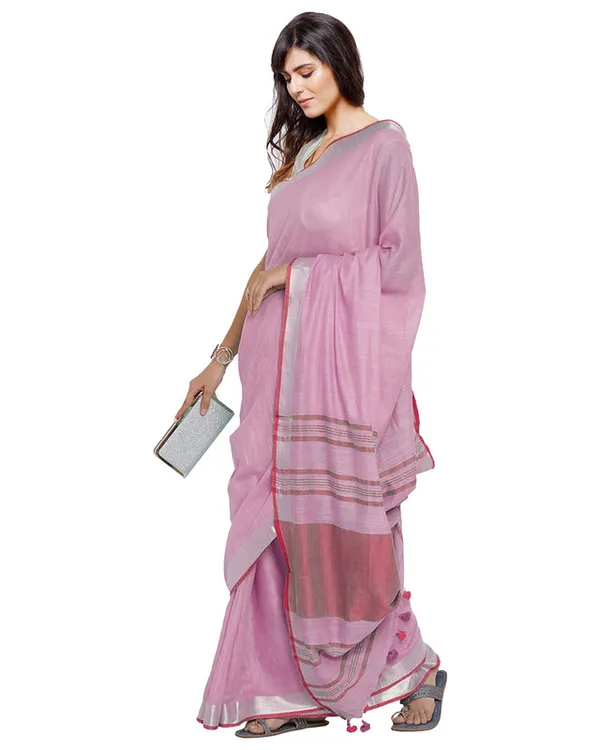 Carnation_Pink-Pink_women's_Bhagalpuri_Handloom_Cotton_Linen_Blend_Contrast_Pallu_Saree_And_Unstitched_Contrast_Blouse_Piece