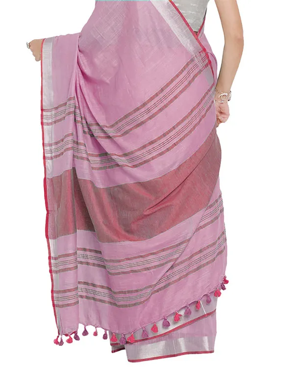 Carnation_Pink-Pink_women's_Bhagalpuri_Handloom_Cotton_Linen_Blend_Contrast_Pallu_Saree_And_Unstitched_Contrast_Blouse_Piece