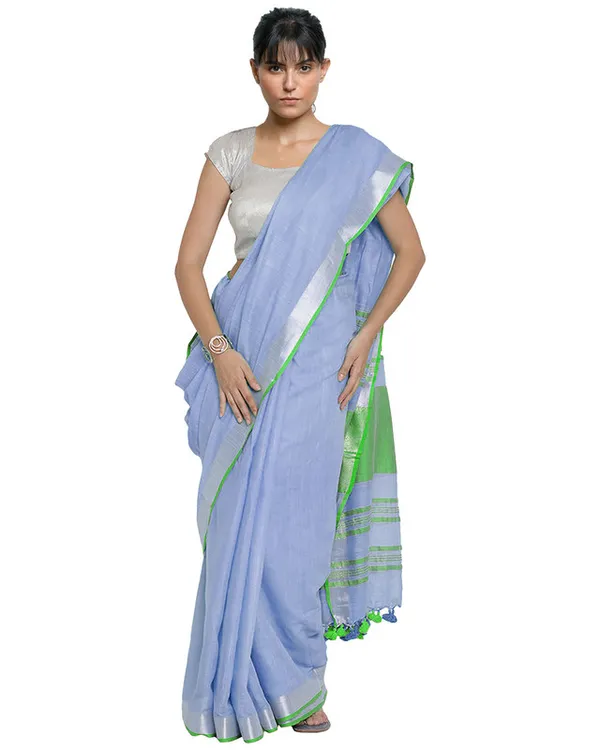 Periwinkle_Blue-Green_women's_Bhagalpuri_Handloom_Cotton_Linen_Blend_Contrast_Pallu_Saree_And_Unstitched_Contrast_Blouse_Piece