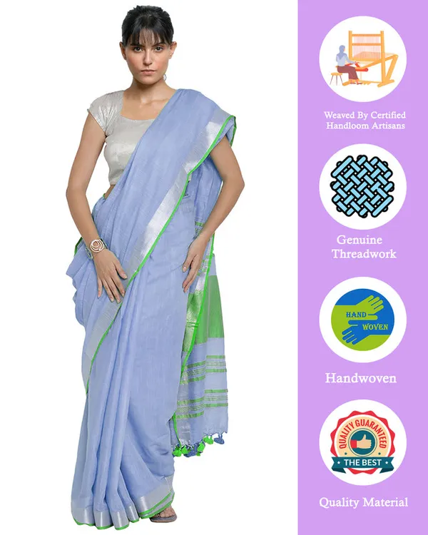 Periwinkle_Blue-Green_women's_Bhagalpuri_Handloom_Cotton_Linen_Blend_Contrast_Pallu_Saree_And_Unstitched_Contrast_Blouse_Piece