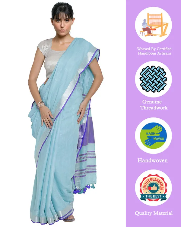 Photo_Blue-Blue_women's_Bhagalpuri_Handloom_Cotton_Linen_Blend_Contrast_Pallu_Saree_And_Unstitched_Contrast_Blouse_Piece