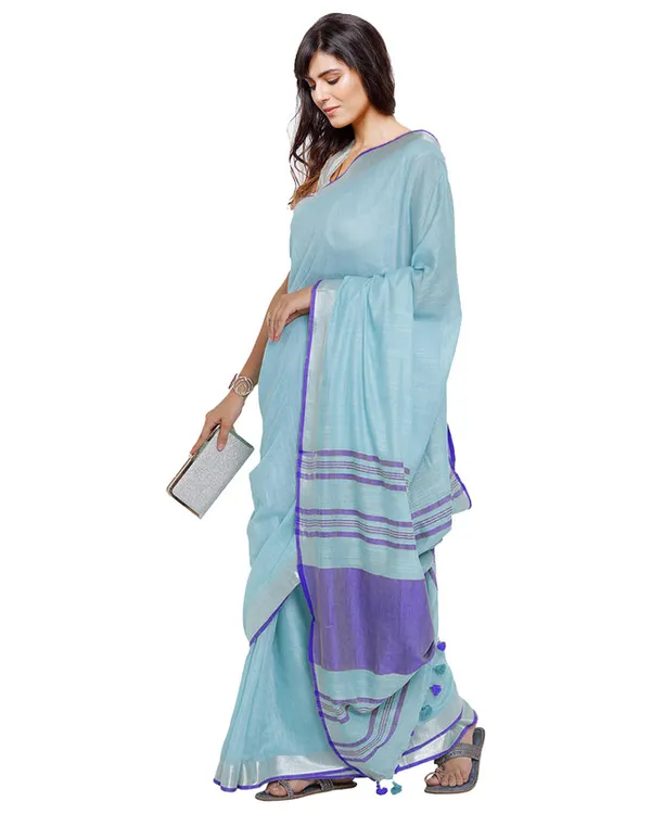 Photo_Blue-Blue_women's_Bhagalpuri_Handloom_Cotton_Linen_Blend_Contrast_Pallu_Saree_And_Unstitched_Contrast_Blouse_Piece