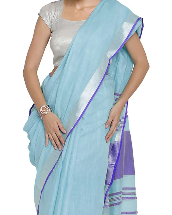 Photo_Blue-Blue_women's_Bhagalpuri_Handloom_Cotton_Linen_Blend_Contrast_Pallu_Saree_And_Unstitched_Contrast_Blouse_Piece