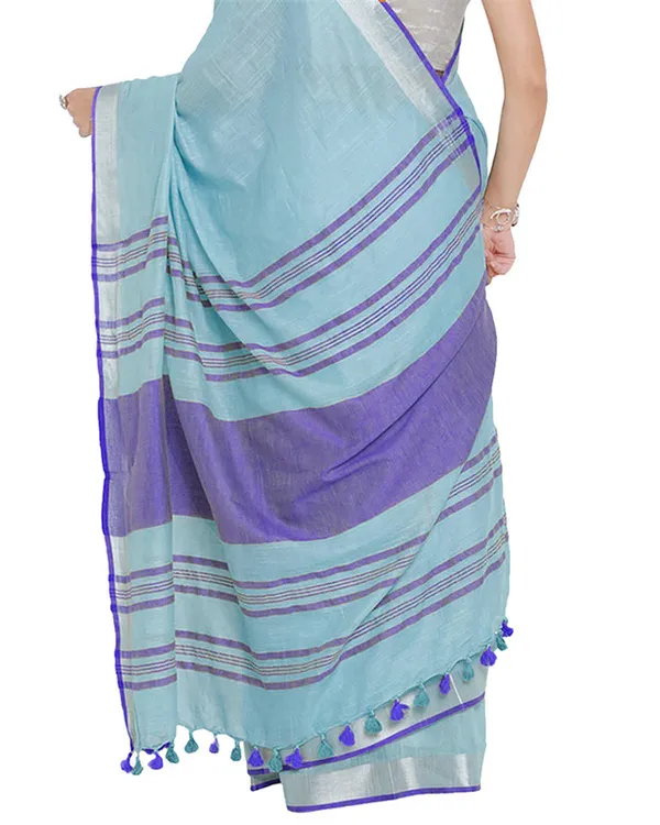 Photo_Blue-Blue_women's_Bhagalpuri_Handloom_Cotton_Linen_Blend_Contrast_Pallu_Saree_And_Unstitched_Contrast_Blouse_Piece