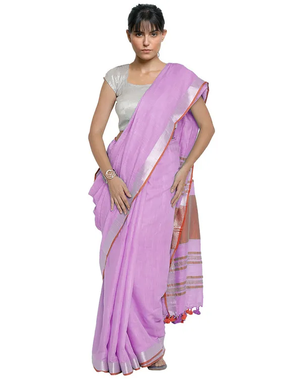 Plum_Pink-Red_women's_Bhagalpuri_Handloom_Cotton_Linen_Blend_Contrast_Pallu_Saree_And_Unstitched_Contrast_Blouse_Piece