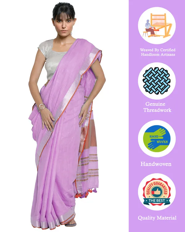 Plum_Pink-Red_women's_Bhagalpuri_Handloom_Cotton_Linen_Blend_Contrast_Pallu_Saree_And_Unstitched_Contrast_Blouse_Piece