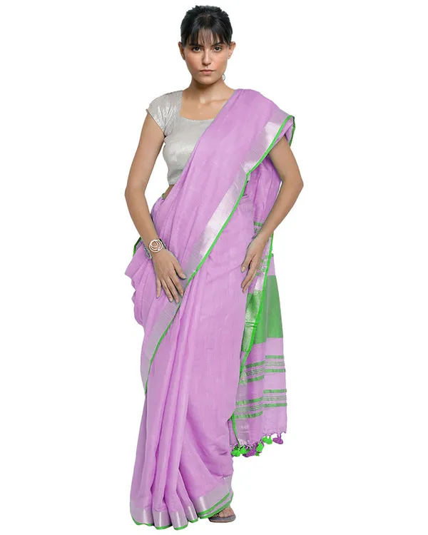 Plum_Purple-Green_women's_Bhagalpuri_Handloom_Cotton_Linen_Blend_Contrast_Pallu_Saree_And_Unstitched_Contrast_Blouse_Piece