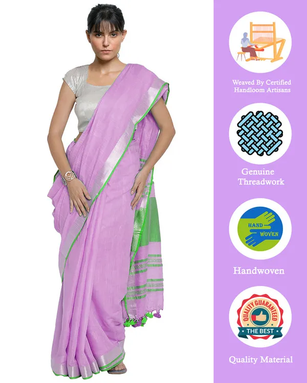 Plum_Purple-Green_women's_Bhagalpuri_Handloom_Cotton_Linen_Blend_Contrast_Pallu_Saree_And_Unstitched_Contrast_Blouse_Piece
